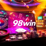 An exciting online gambling scene with 98win branding featuring roulette, poker tables, and vibrant colors, enticing gamblers.