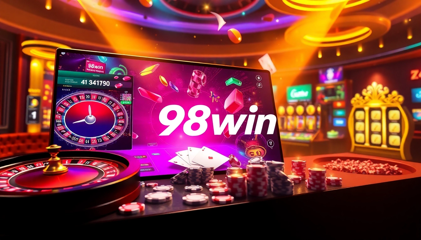 An exciting online gambling scene with 98win branding featuring roulette, poker tables, and vibrant colors, enticing gamblers.