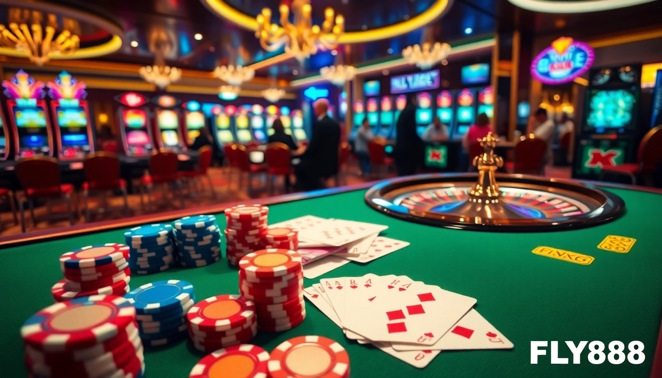 Experience thrilling gameplay with FLY888, where high-stakes poker chips and vibrant slot machines await.