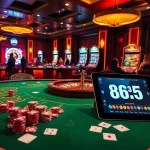 Gambling excitement at OK 365 casino with vibrant slot machines, poker tables, and a roulette wheel setting.