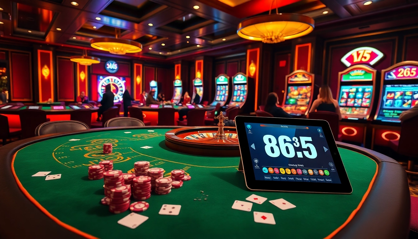 Gambling excitement at OK 365 casino with vibrant slot machines, poker tables, and a roulette wheel setting.