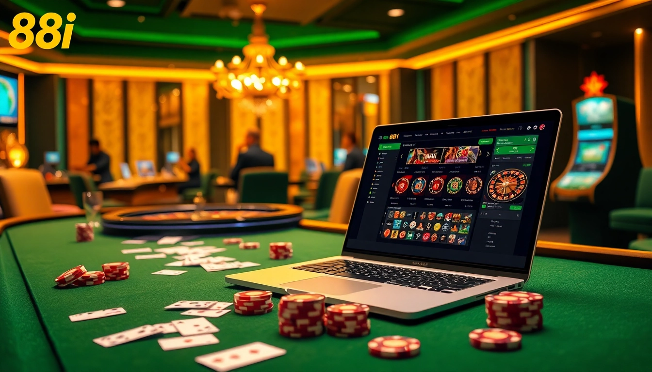 Vibrant online gambling scene with 88i đăng nhập showcasing luxury casino elements and engaging players.
