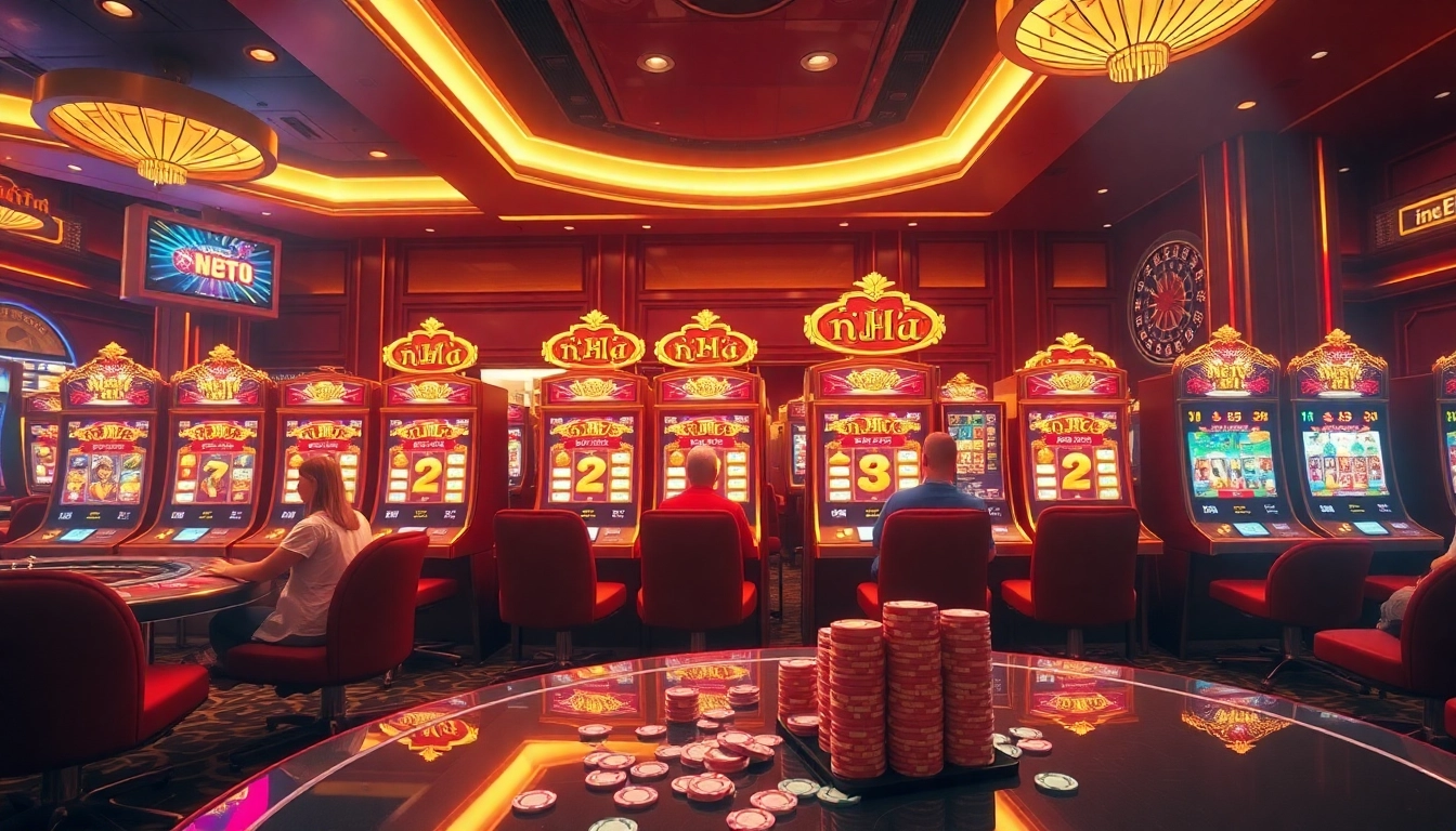 Players excitedly engage with nổ hũ slot machines in a vibrant casino environment.