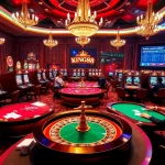 Exciting King88 casino scene with poker tables, roulette, and vibrant slot machines.
