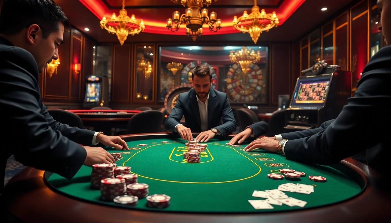 28bet players strategizing at a luxurious poker table with chips and cards.