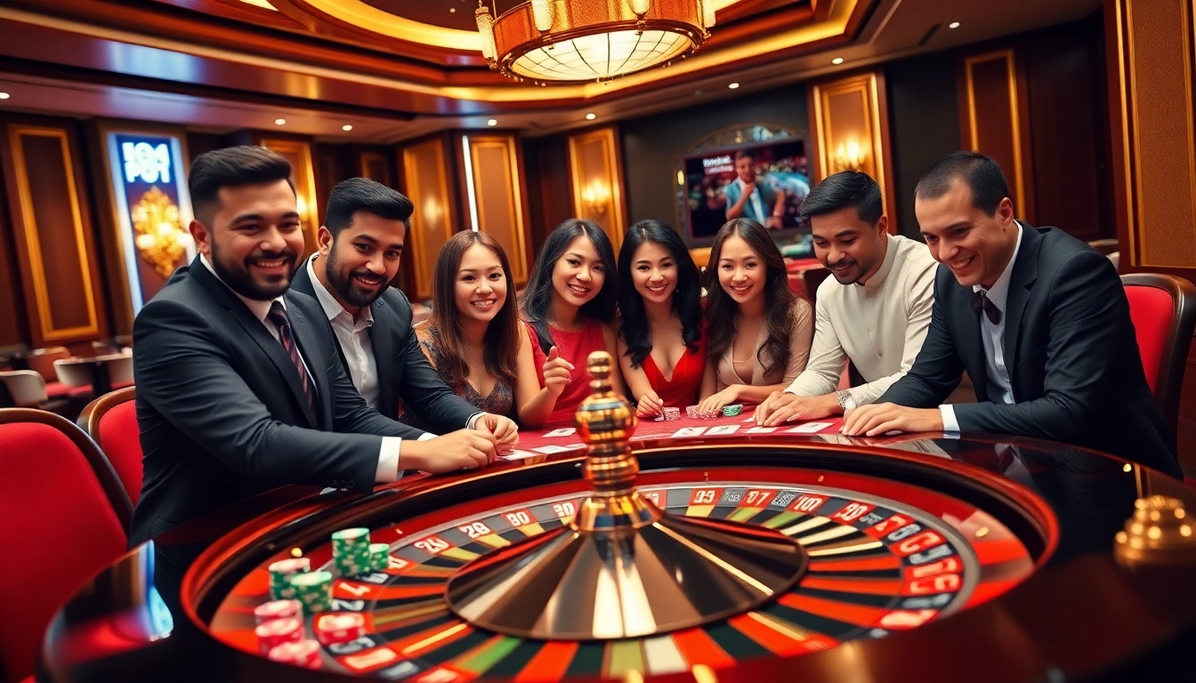Players enjoying an exciting game at F168, featuring vibrant poker chips and cards in a luxurious casino atmosphere.