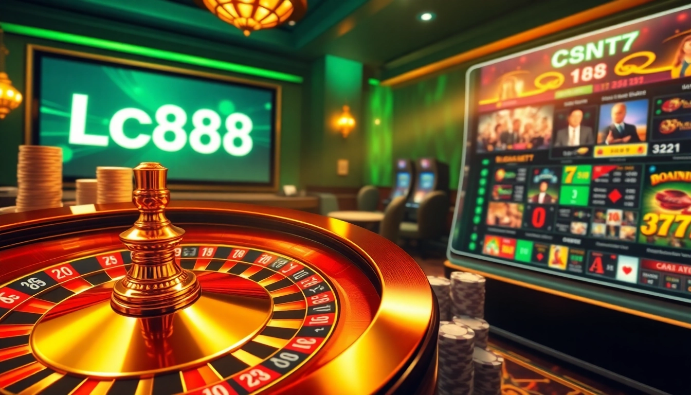 Experience high-stakes excitement with Lc88's vibrant online casino interface featuring roulette and poker elements.