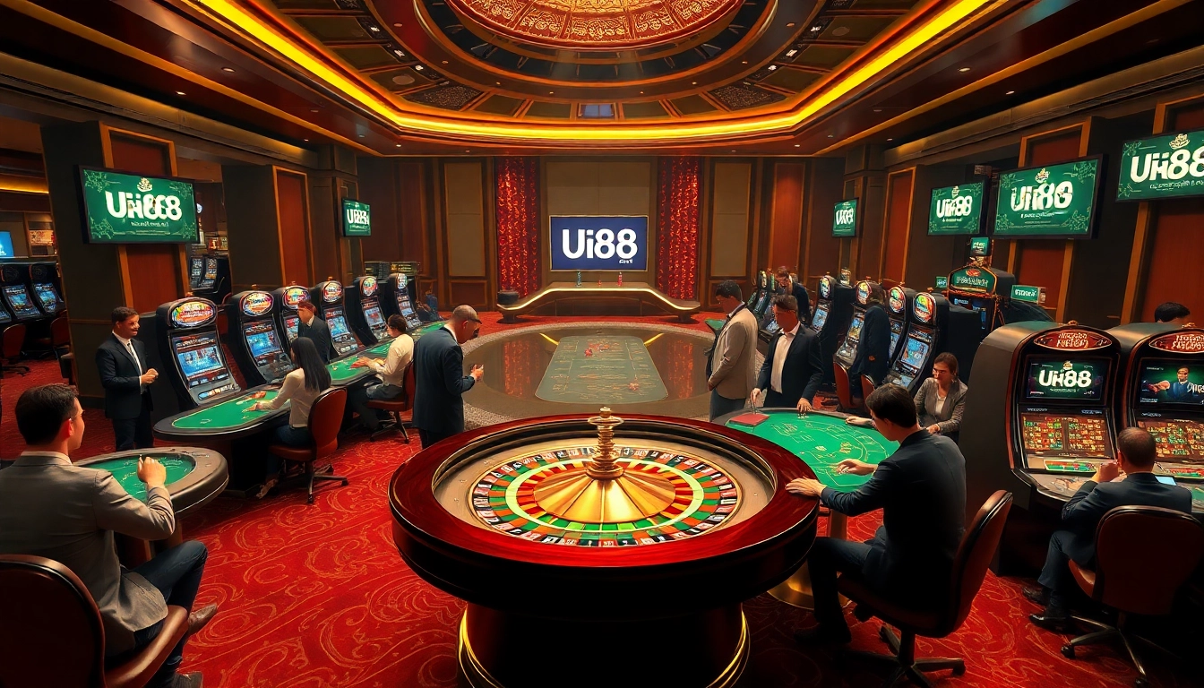 Experience the thrill of UU88 at a luxurious casino with poker tables and vibrant slot machines.