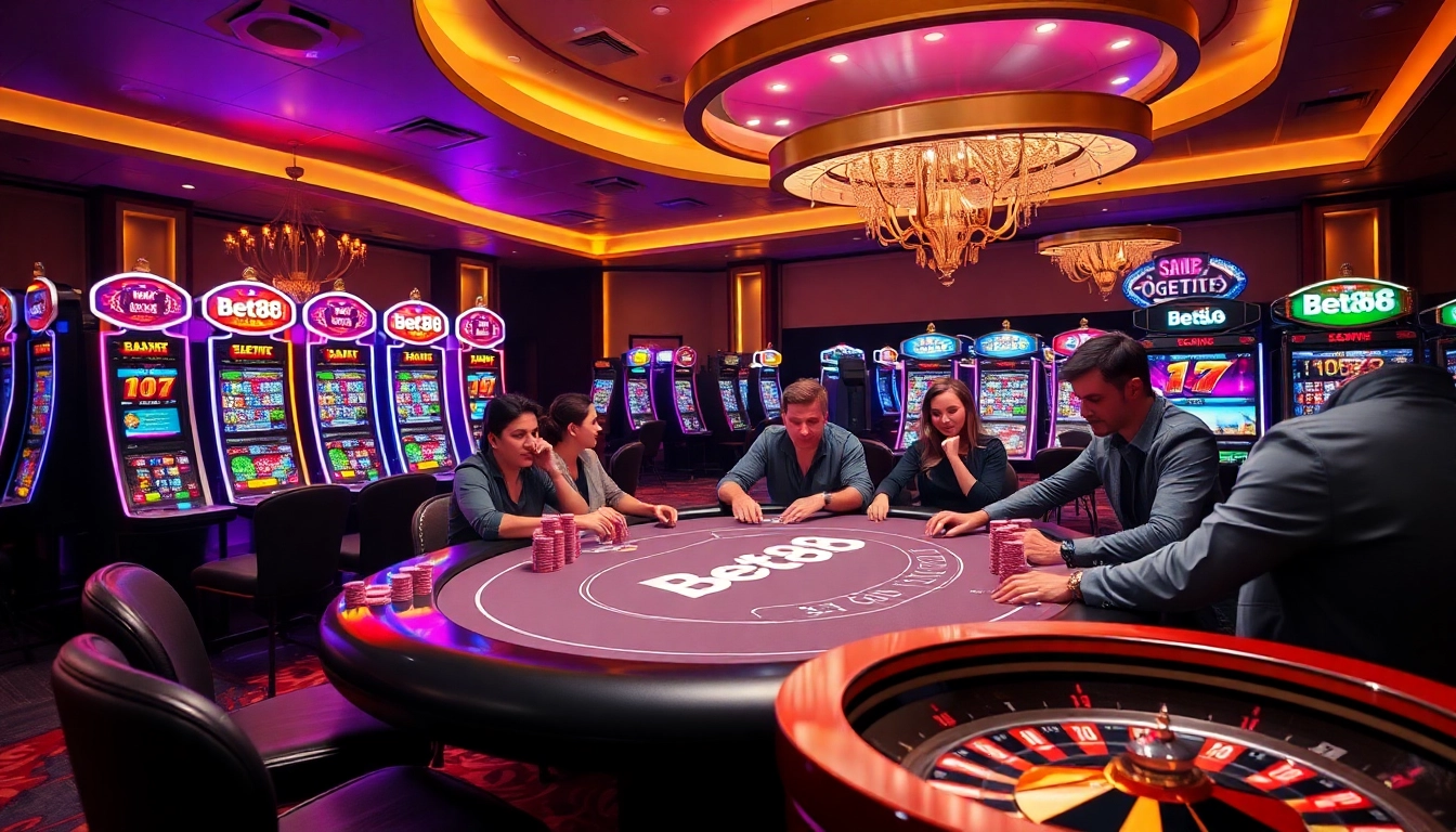 Experience excitement at Bet88 casino with dynamic gaming table and vibrant slot machines.