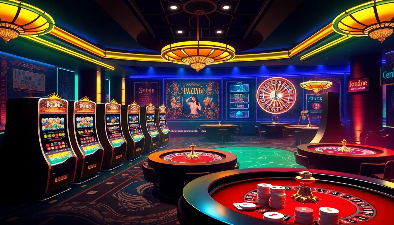 Dynamic gaming interface on trang chủ fun79 showcasing vibrant slot machines and roulette tables.
