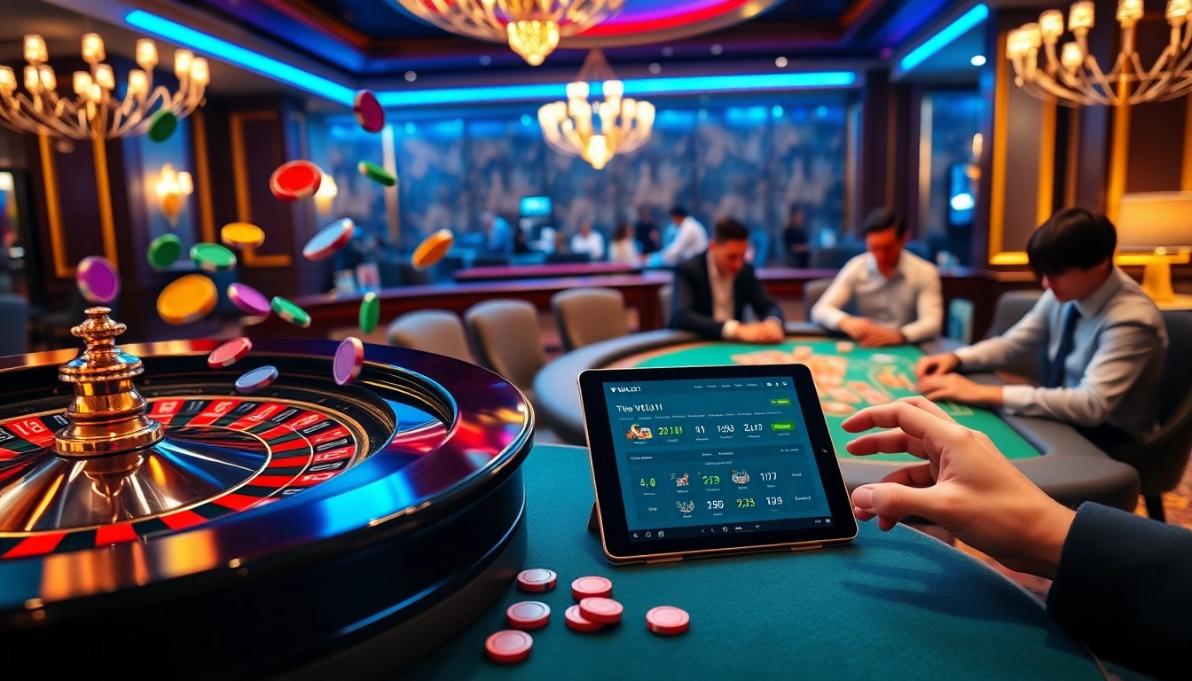Experience thrilling bets at https://www.vvjl11.com/ with a vibrant casino scene featuring roulette and poker action.