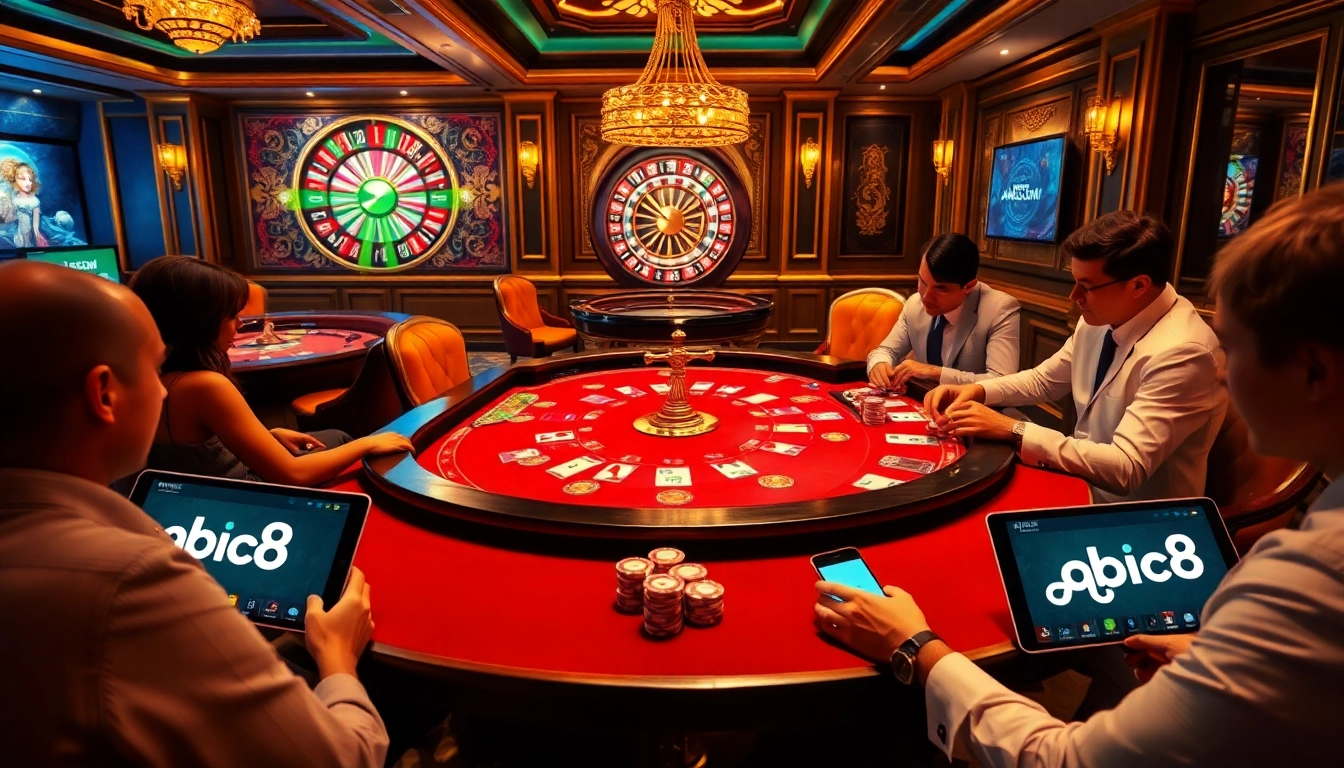 Players enjoy an engaging poker game at abc8.com, highlighting excitement and elegance in a casino setting.