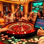 Engaged players strategizing bets at a luxurious casino table linked to ev88.
