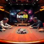 Intense poker game at a premium casino with hm88 branding and vibrant roulette wheel.
