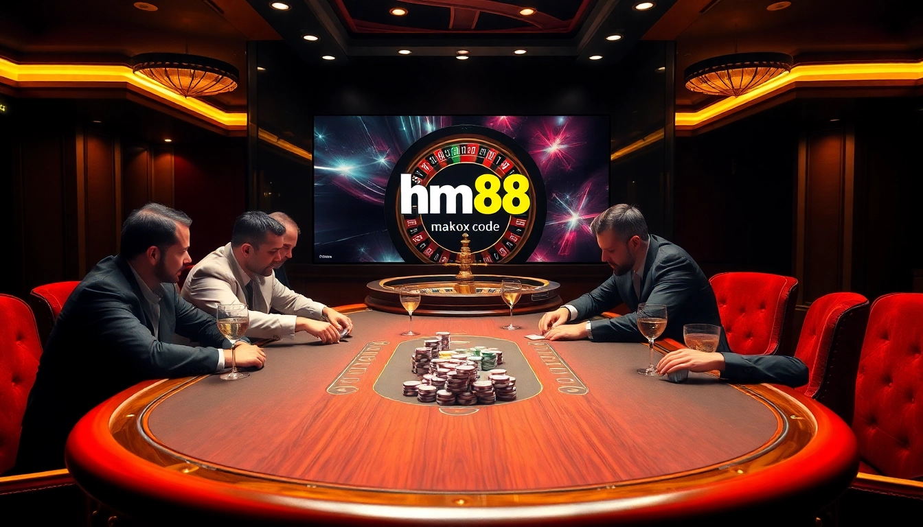Intense poker game at a premium casino with hm88 branding and vibrant roulette wheel.