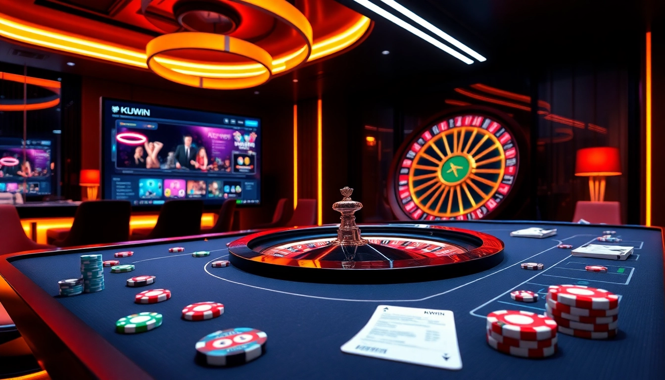 Kuwin online betting table featuring colorful chips, roulette wheel, and interactive gaming options