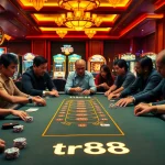 Players at a poker table experience thrilling moments in luxury casino vibes featuring tr88 elements.
