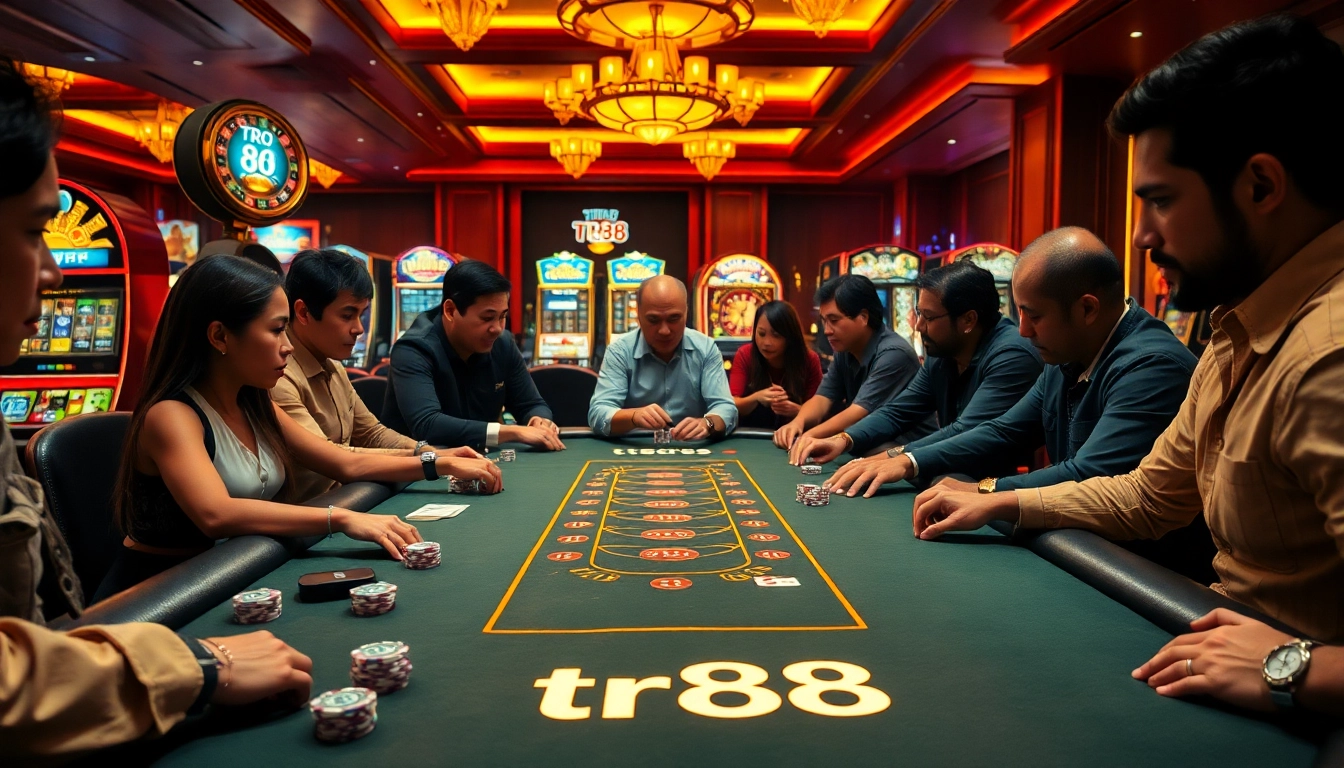 Players at a poker table experience thrilling moments in luxury casino vibes featuring tr88 elements.