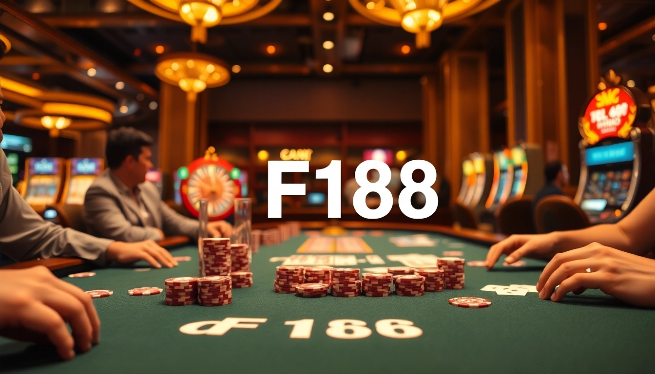 Exciting gambling scene at an F168 casino poker table with high-stakes chips and cards.