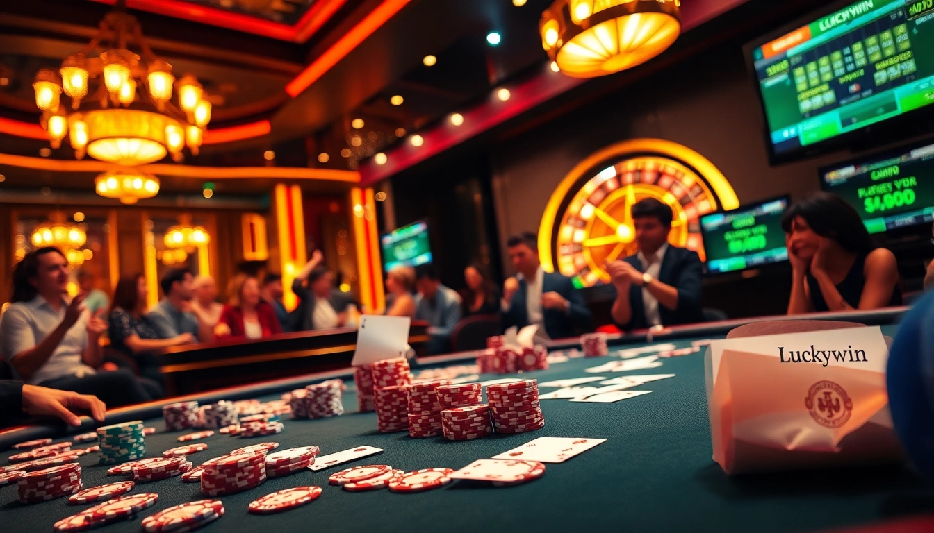 Experience high-stakes gameplay with Luckywin at a vibrant poker table surrounded by excitement.