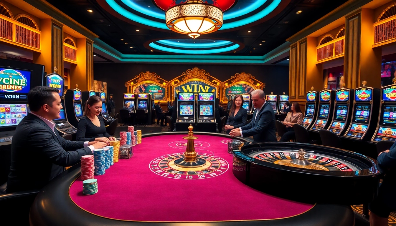 VWIN gaming table with professional dealers and vibrant casino atmosphere filled with excitement.