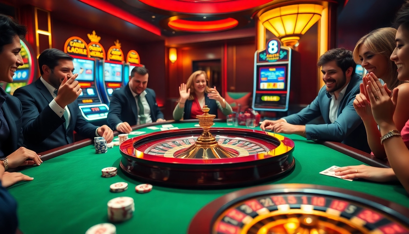 Players enjoying the excitement of casino games with S8-themed poker chips and a roulette wheel.