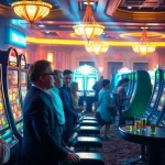 Exciting scene of players engaging with SLOTS8 slot machines, set in a luxurious casino atmosphere.