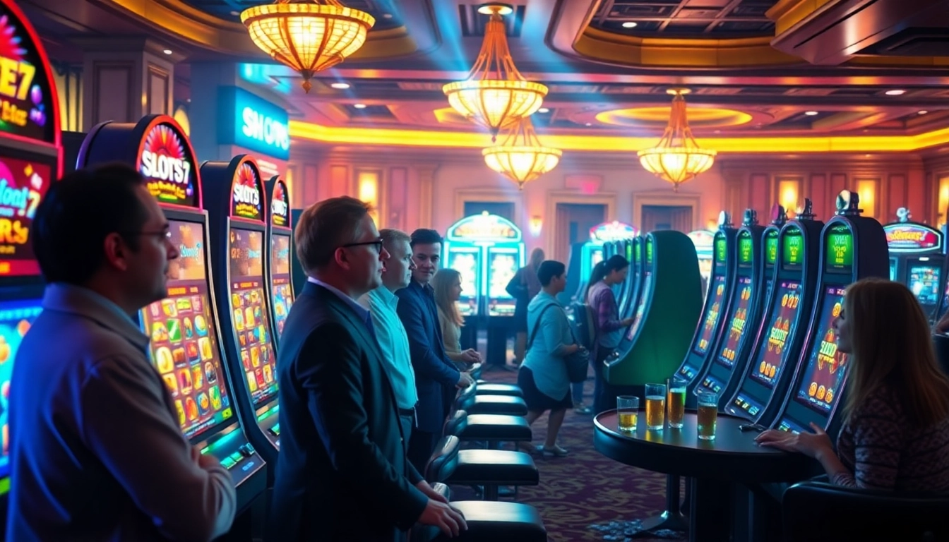 Exciting scene of players engaging with SLOTS8 slot machines, set in a luxurious casino atmosphere.