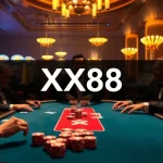 Players at a high-stakes poker table with XX88 branding, showcasing luxury and excitement in a casino.