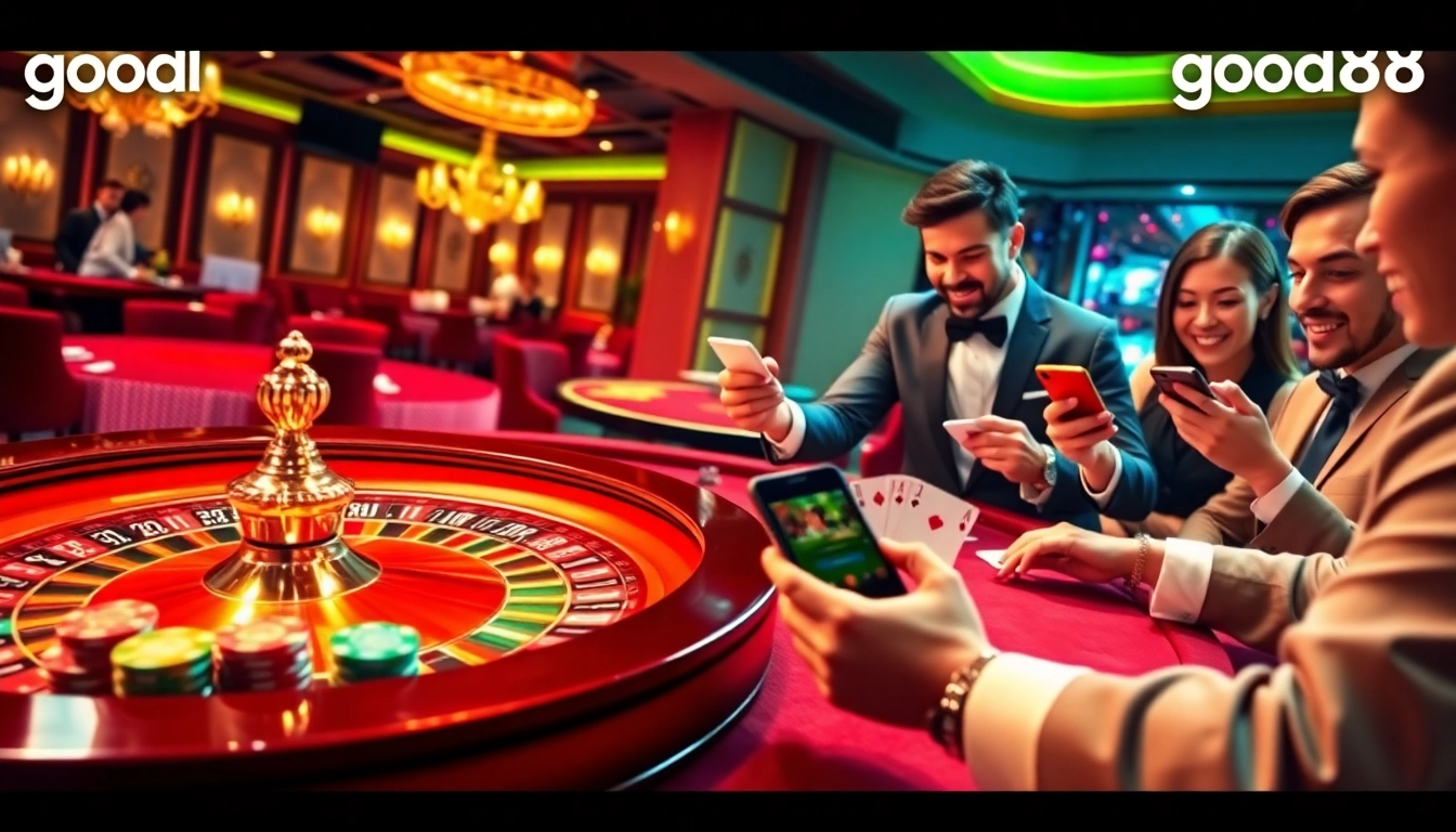 Betting excitement at good88 with poker chips and a roulette wheel in a luxury casino setting.
