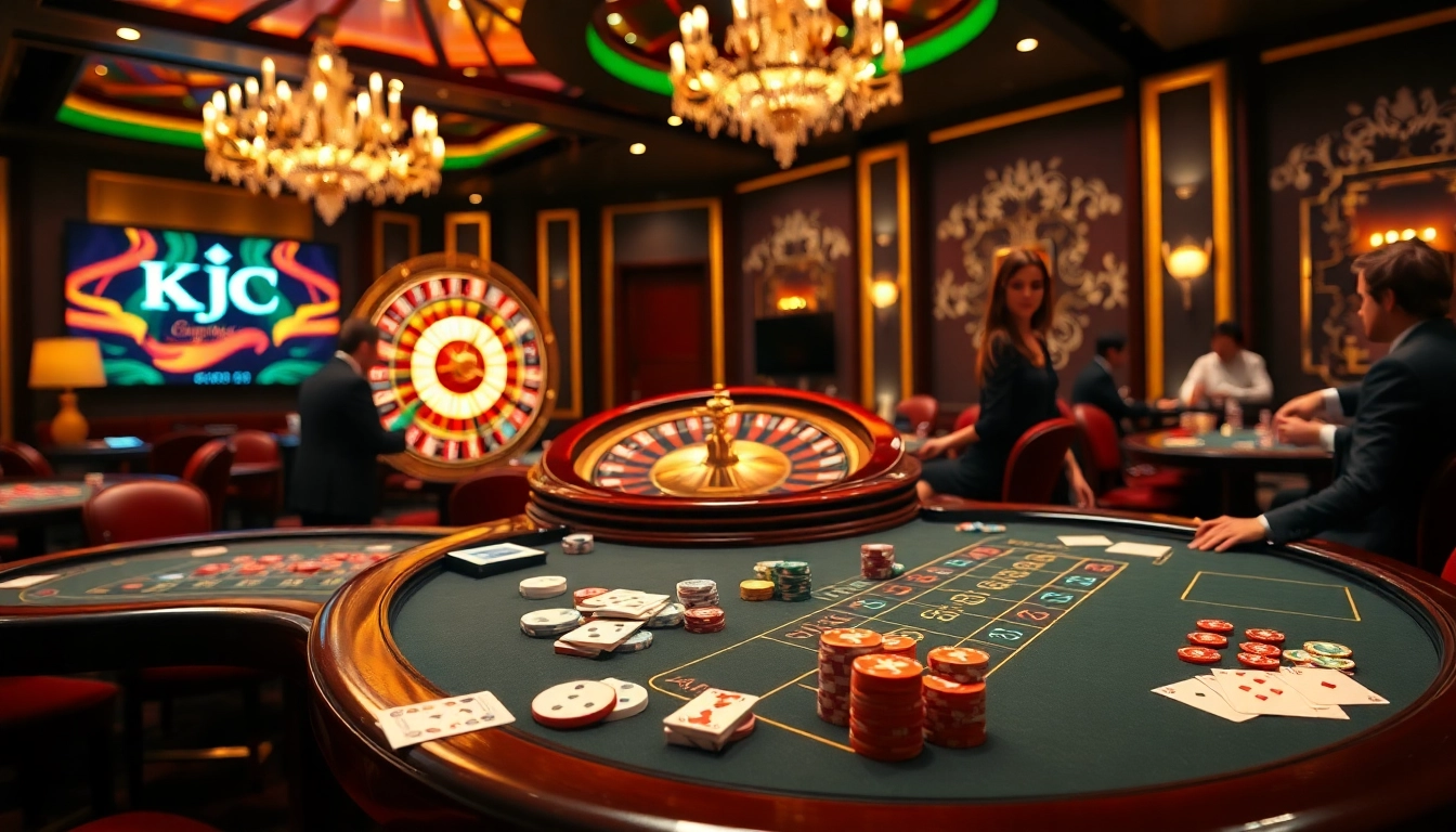 KJC casino players strategizing at a vibrant gaming table with colorful chips and cards.