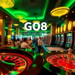 Players strategizing at a luxurious casino featuring GO8 motifs and vibrant gaming elements.