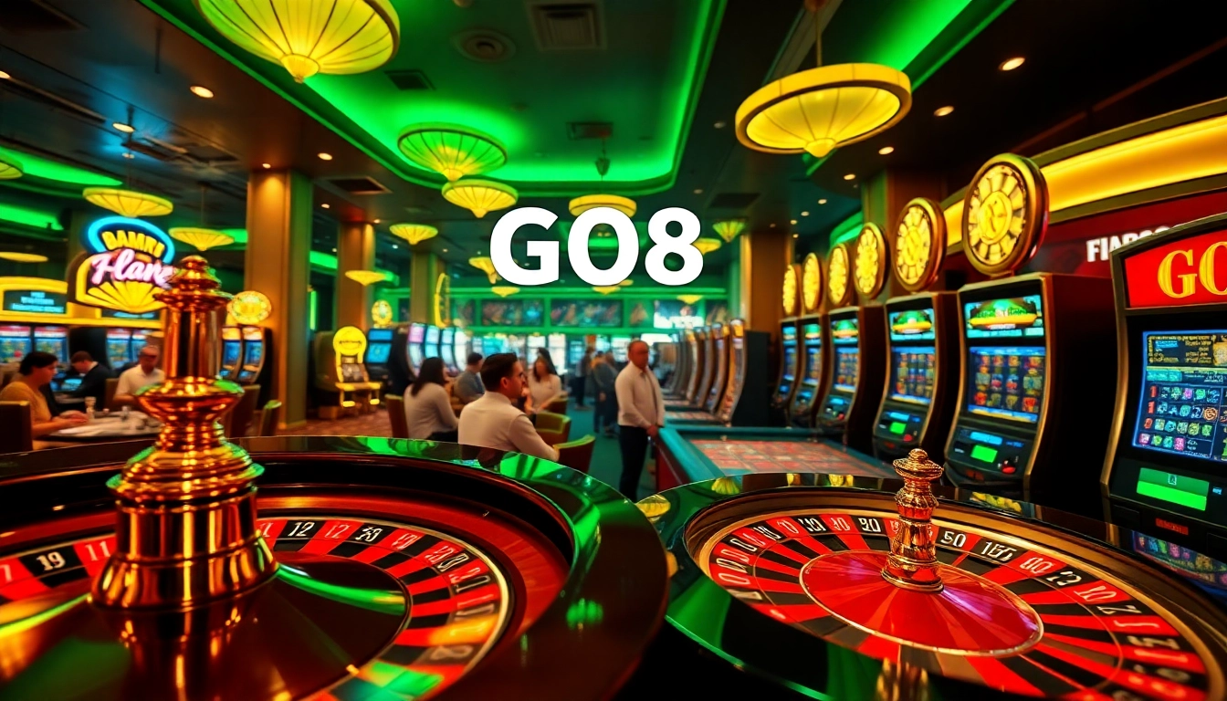 Players strategizing at a luxurious casino featuring GO8 motifs and vibrant gaming elements.