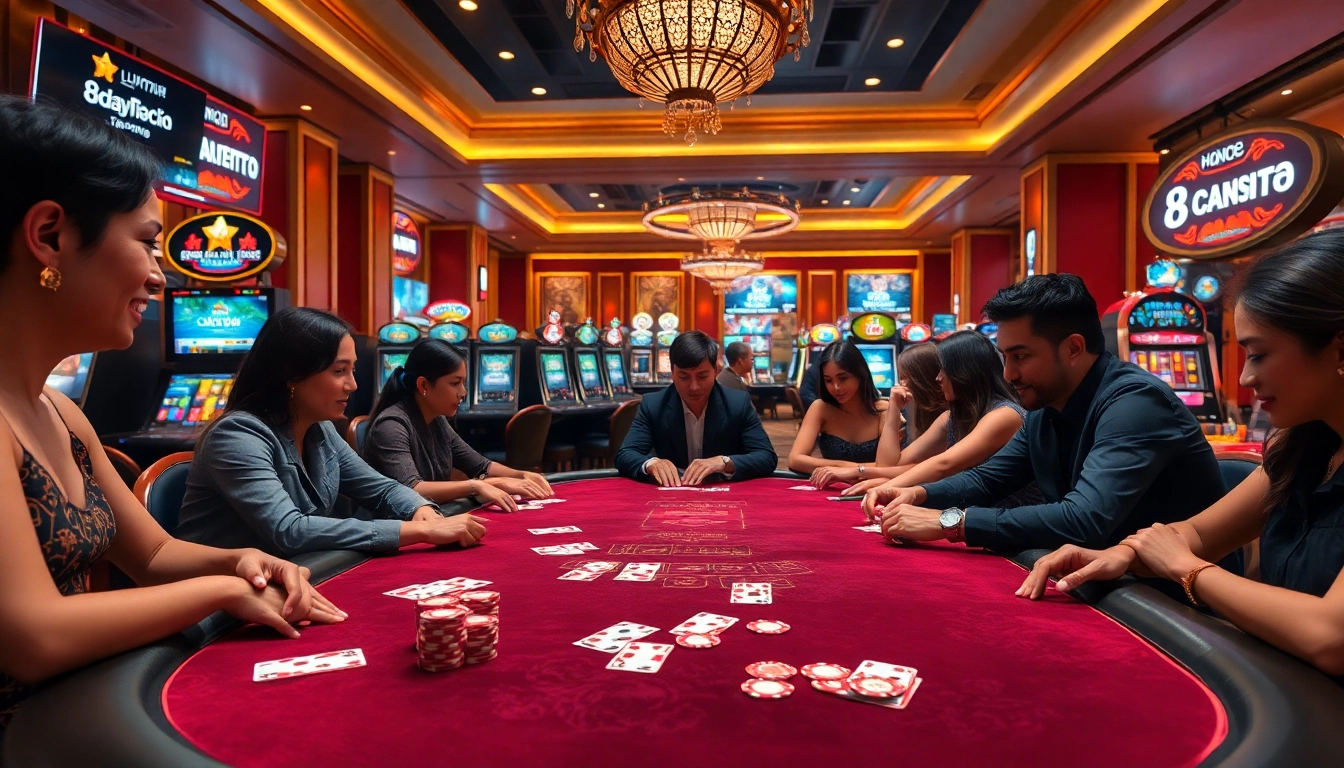 Players engaging at a luxurious poker table, showcasing the excitement of 8day.cn.com gambling experiences.