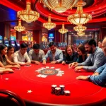 Vua99 players engaged in an exciting poker game in a luxurious casino setting.