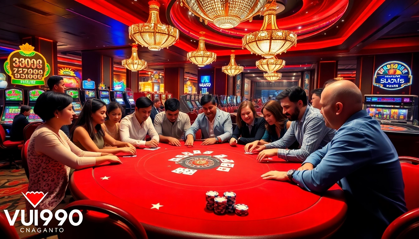 Vua99 players engaged in an exciting poker game in a luxurious casino setting.