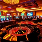 S8 casino scene with players at a roulette table and vibrant slot machines creating an exciting atmosphere.
