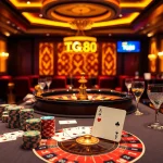 Players enjoying a thrilling game at a luxurious casino table featuring TG88 elements and vibrant atmosphere.