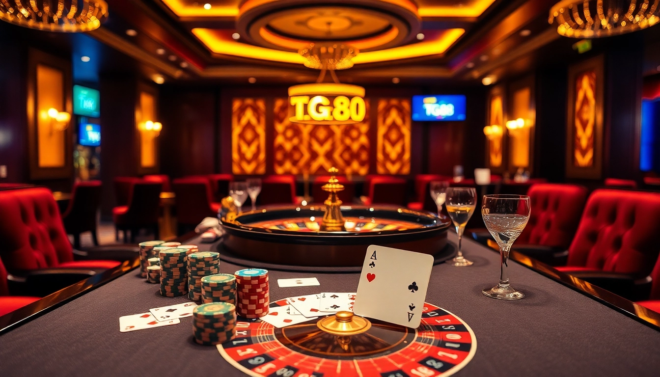 Players enjoying a thrilling game at a luxurious casino table featuring TG88 elements and vibrant atmosphere.