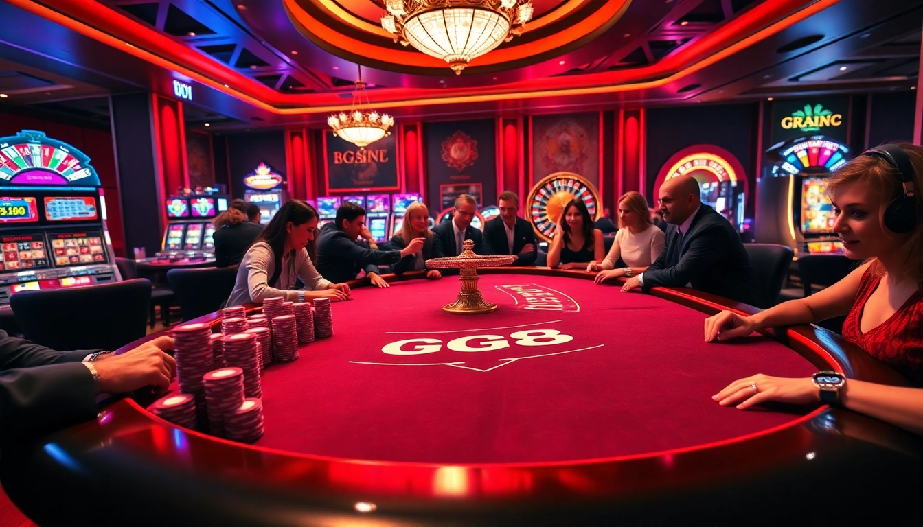 Players enjoying intense moments at a GG88 casino gaming table with vibrant lights.