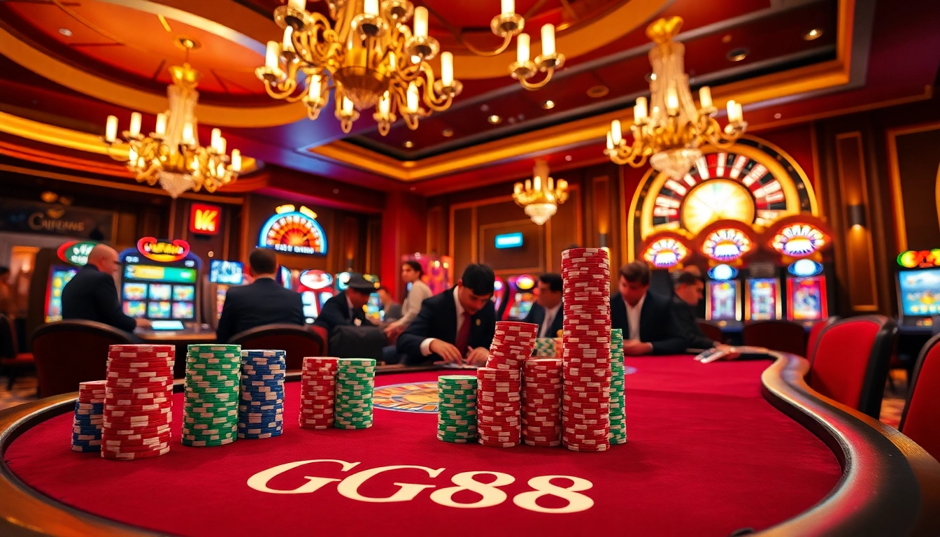 Engaging scene at the GG88 poker table with colorful chips and a vibrant casino atmosphere.