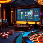 KJC gaming experience with luxurious casino tables, poker chips, and engaging players.