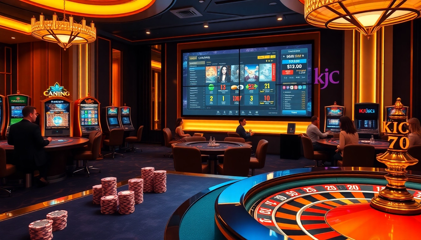 KJC gaming experience with luxurious casino tables, poker chips, and engaging players.