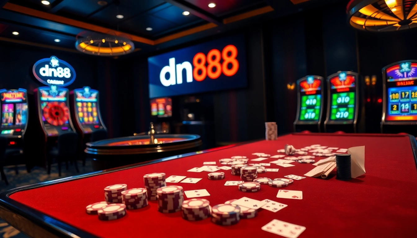 Experience thrilling gameplay at dn88 with vibrant casino visuals featuring poker tables and roulette wheels.