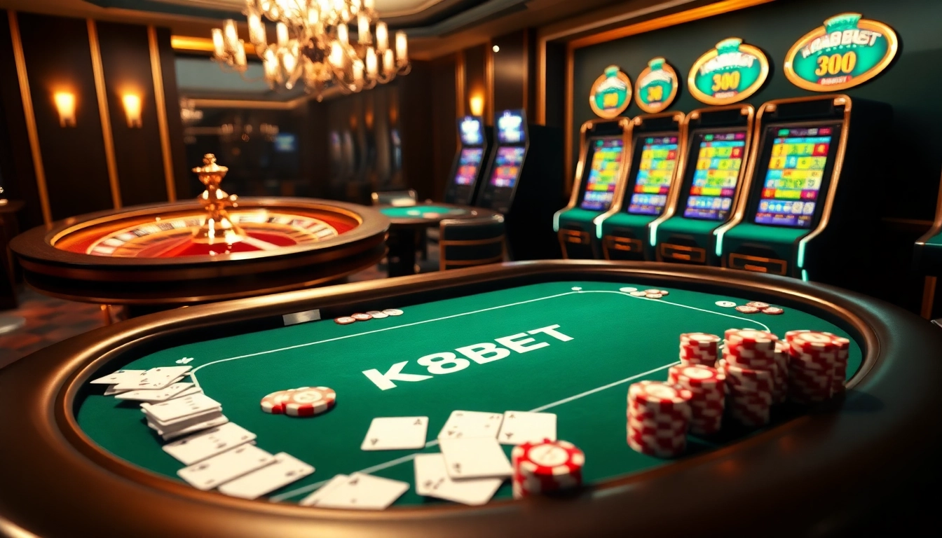 K8BET poker table set with vibrant chips and cards, highlighting luxury casino experience.