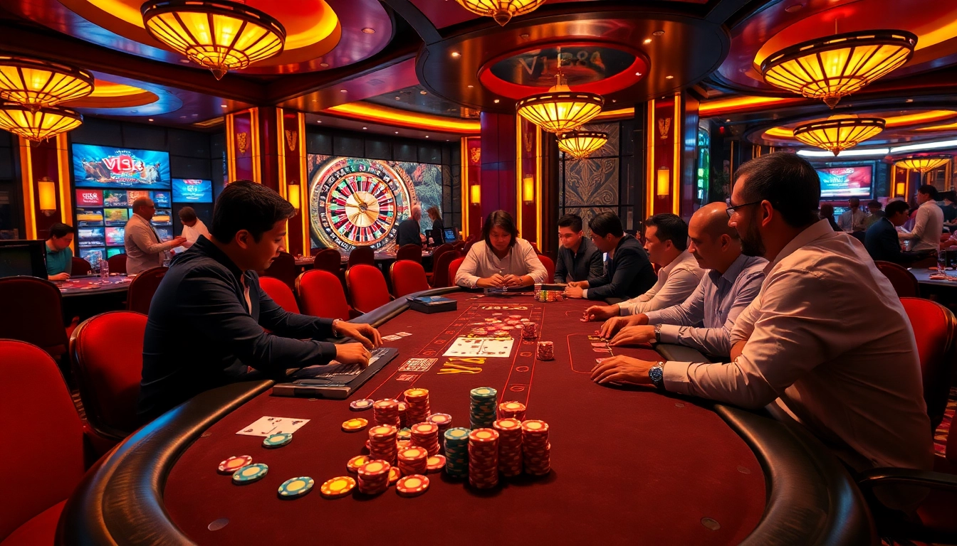 Players at a VJ88 casino poker table excitedly place bets while enjoying a thrilling atmosphere.