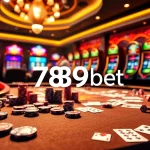 Engaged players enjoy a thrilling poker game at 789bet casino, surrounded by vibrant slot machines.
