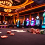 Experience excitement at OK365 with a vibrant casino scene featuring poker tables and slot machines.