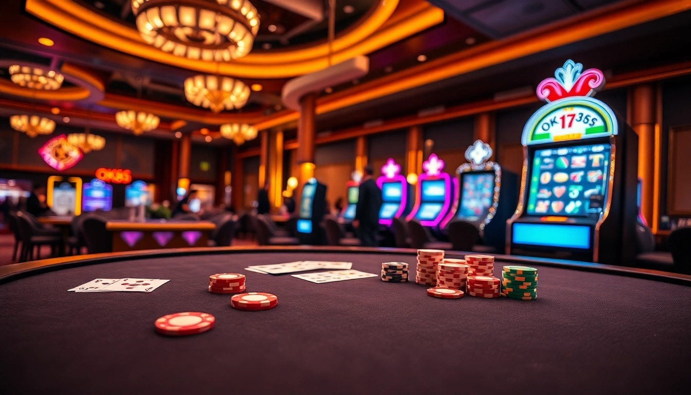 Experience excitement at OK365 with a vibrant casino scene featuring poker tables and slot machines.
