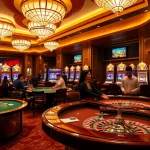 KJC gaming area filled with enthusiastic gamblers, vibrant poker chips, dice, and roulette excitement.